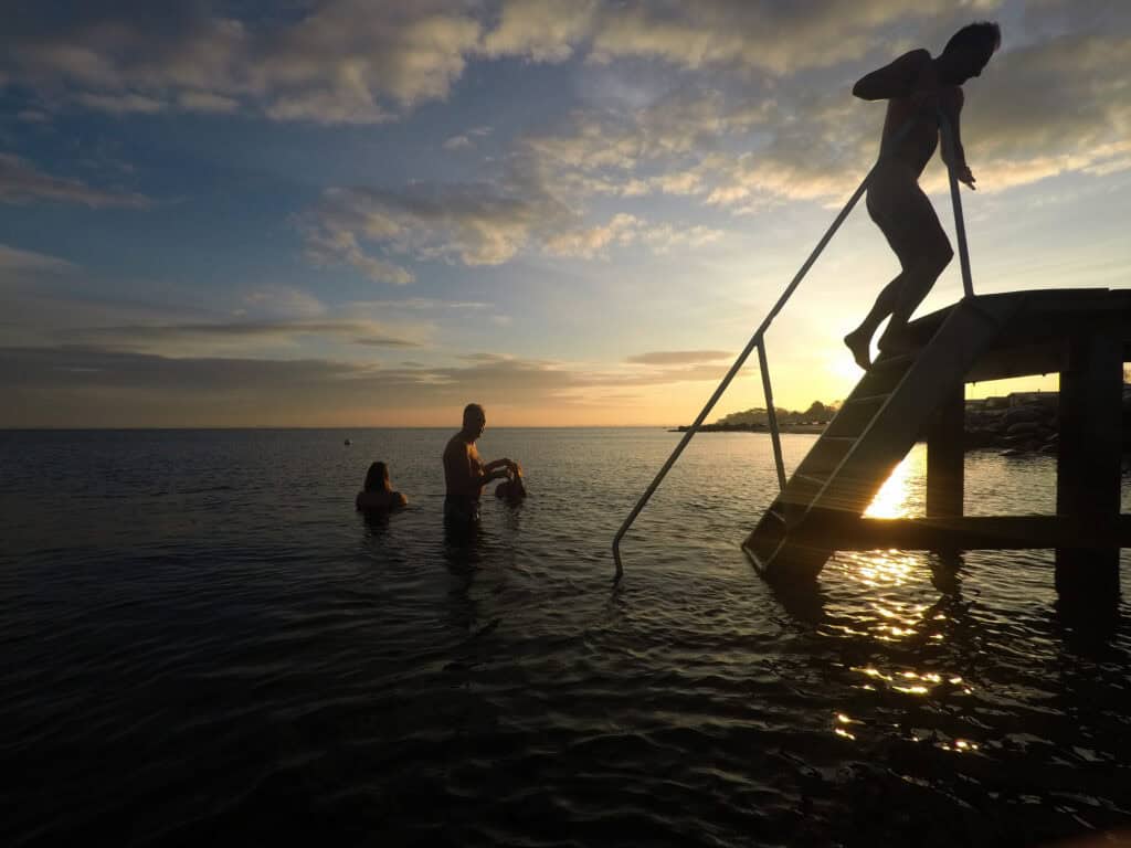 Vinterbadere på vej op af vandet i solopgang